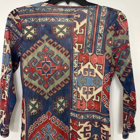 Chaps Y2K Sheer Mesh Ruffle Aztec Print Fitted V Neck Top Small Southwestern - Picture 7 of 9